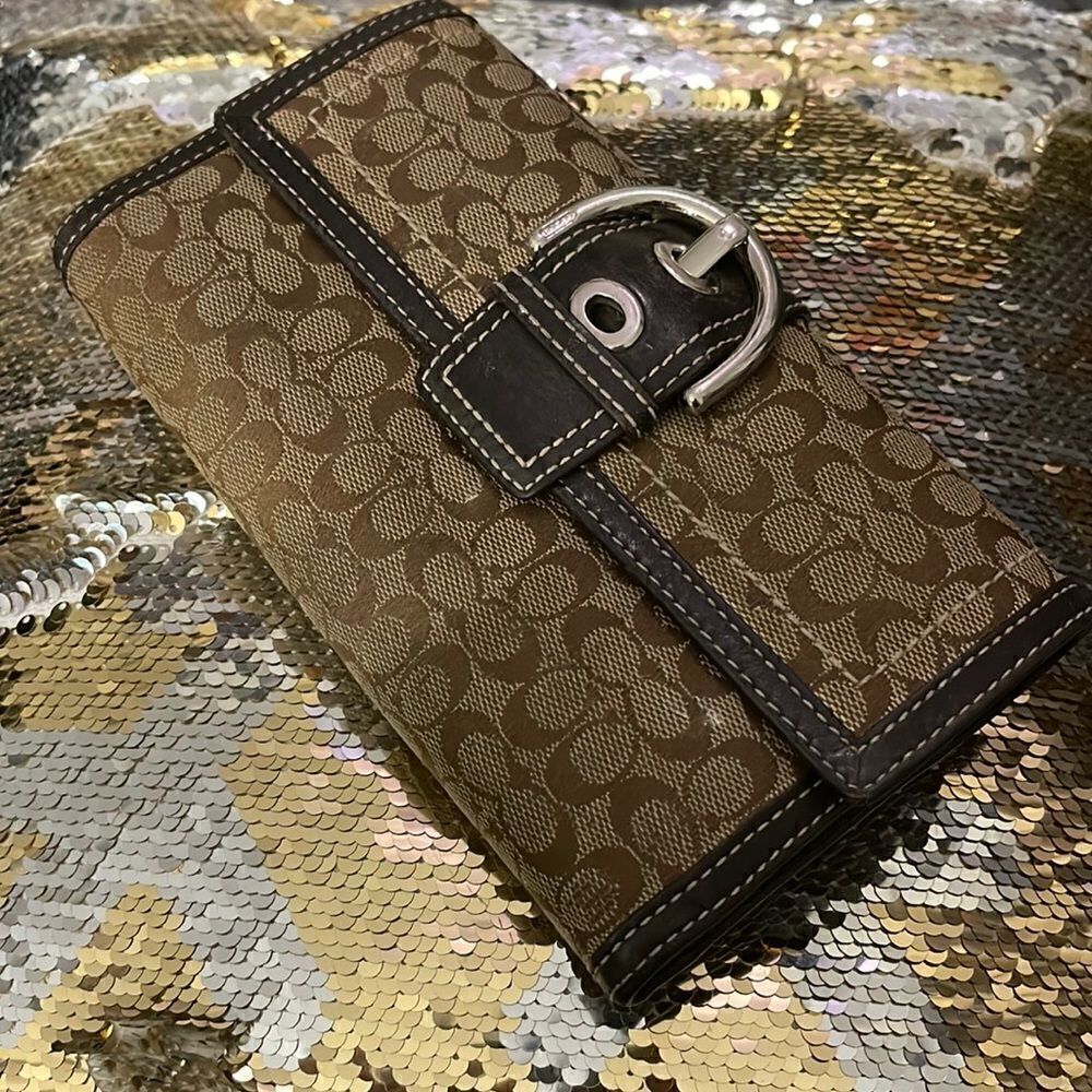 Coach tan brown signature c buckle trifold checkbook wallet